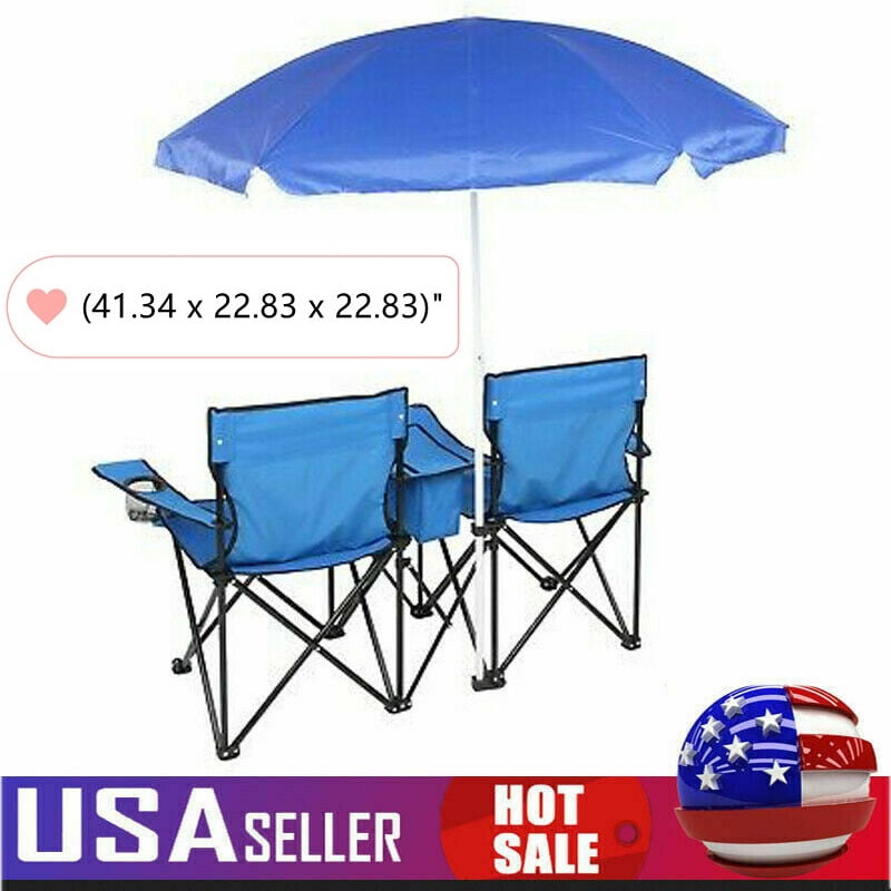 Goorabbit Fold Up Lawn Chair, Double Folding Chair with Removable Umbrella, Table Cooler Bag
