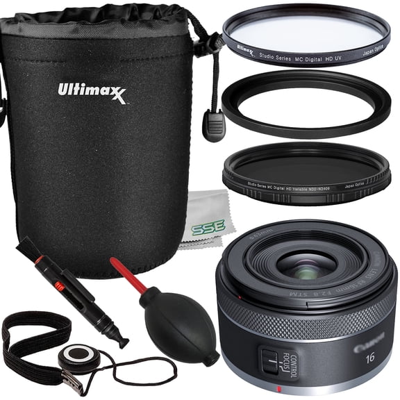 Ultimaxx Essential Canon RF 16mm f/2.8 STM Lens (International Model) Bundle - Includes: Water-Resistant Lens Pouch, Variable Neutral Density Filter (ND2-ND400) & More (11pc Bundle)
