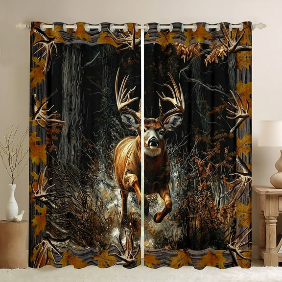 Tree Camouflage Deer 30%-50% Blackout Curtains - Camo Branches Rustic Deer Curtains - Deer Hunting Curtains & Drapes Running Deer Hunting Cabin Lodge Window Curtains (52Wx84L)