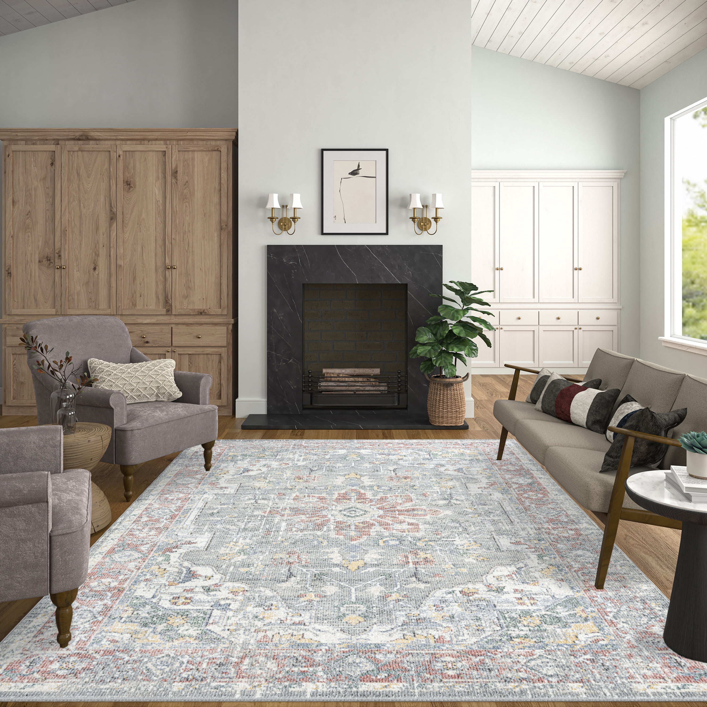 Addison Traditional 5' x 7' Gray and Rust Polypropylene Indoor Area Rug