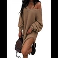 thumbnail image 1 of Suéteres para Mujer, Punto , Cuello en V, Color Liso, Larga, Informales, Holgados, Suaves, Tipo Jersey. Caqui XL, 1 of 6