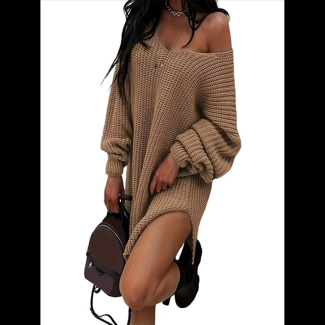 Suéteres para Mujer, Punto , Cuello en V, Color Liso, Larga, Informales, Holgados, Suaves, Tipo Jersey. Caqui XL