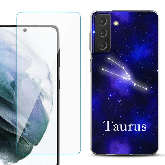 Slim-Fit TPU Fashion Phone Case for Samsung Galaxy S21 FE 5G Fan Edition, with Tempered Glass Screen Protector, by OneToughShield ® - Zodiac / Taurus