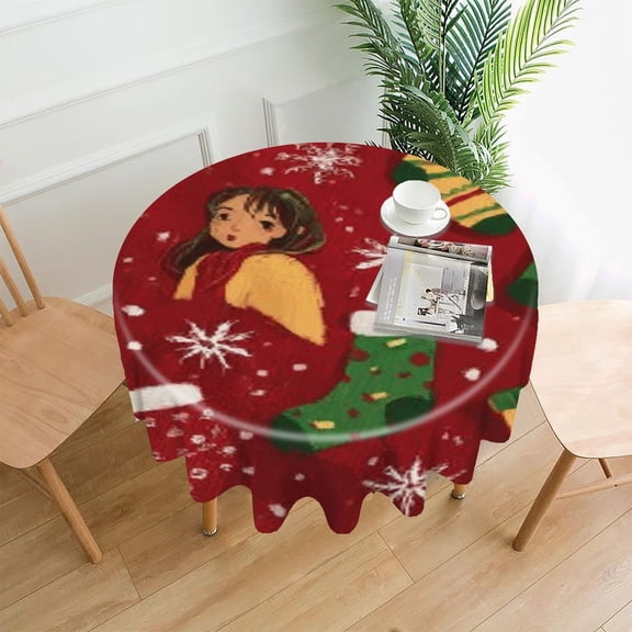 RKSupls 60 Inch Round Tablecloth, Girl Christmas Stockings Premium Polyester Straight Edge Wrinkle Resistant Washable Table Cover for Party Home Dining Decor