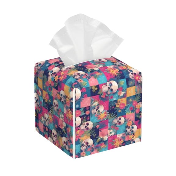 Leather Tissue Box Cover Square - Skull flower leaf Plaid Waterproof Tissue Box Holder Paper Case Organizer Dispenser for Modern Home Office Room Home Bathroom Decor
