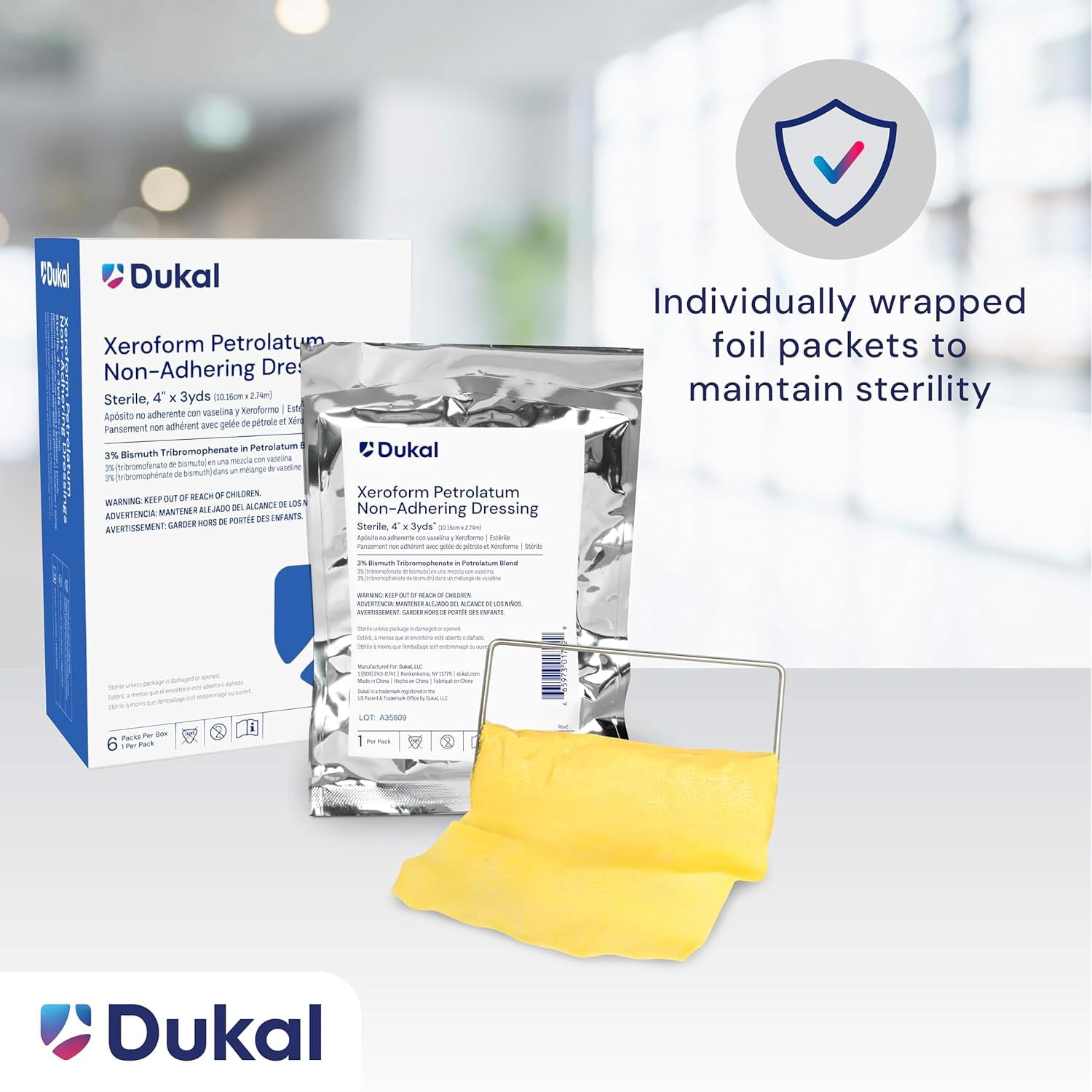 Dukal Xeroform Gauze, Sterile, Non-Adherent, 4 in x 3 yd, 6-Count