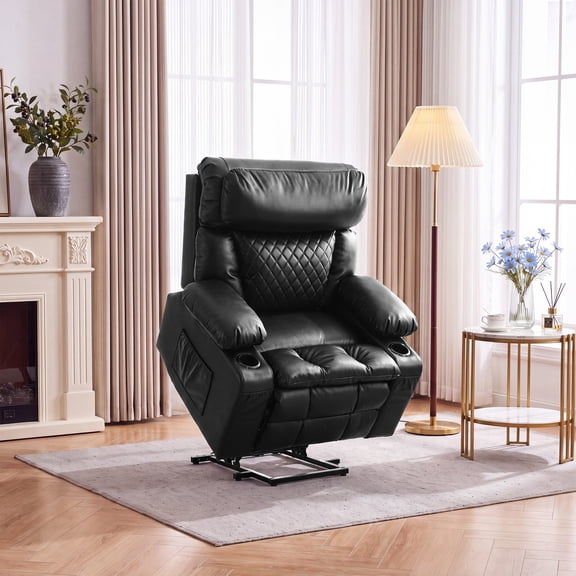 Felizpace Oversized Power Lift Recliner Chairs for Elderly with Heat and Massage, Dual Motor Infinite Position Recliner, Headrest Adjustment & Hidden Storage, Breathable Leather, Black