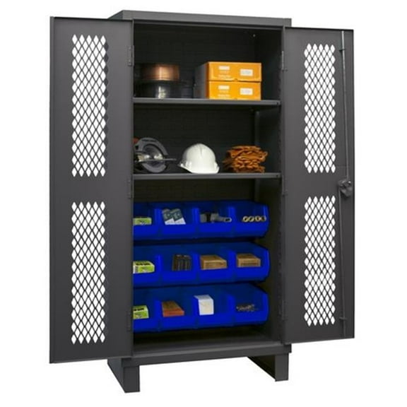 12 Gauge Recessed Door Style Lockable Ventilated Cabinet with 12 Blue Hook on Bins & 2 Adjustable Shelves, Gray - 36 in.
