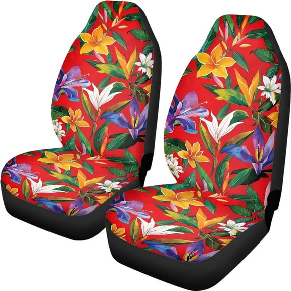 XYZCANDO Easy to Install Car Front Seat Covers Set SUV Sedan Vehicle, Comfort Decorative Car Seat Covers Set of 2 Polyester Tropical Flowers