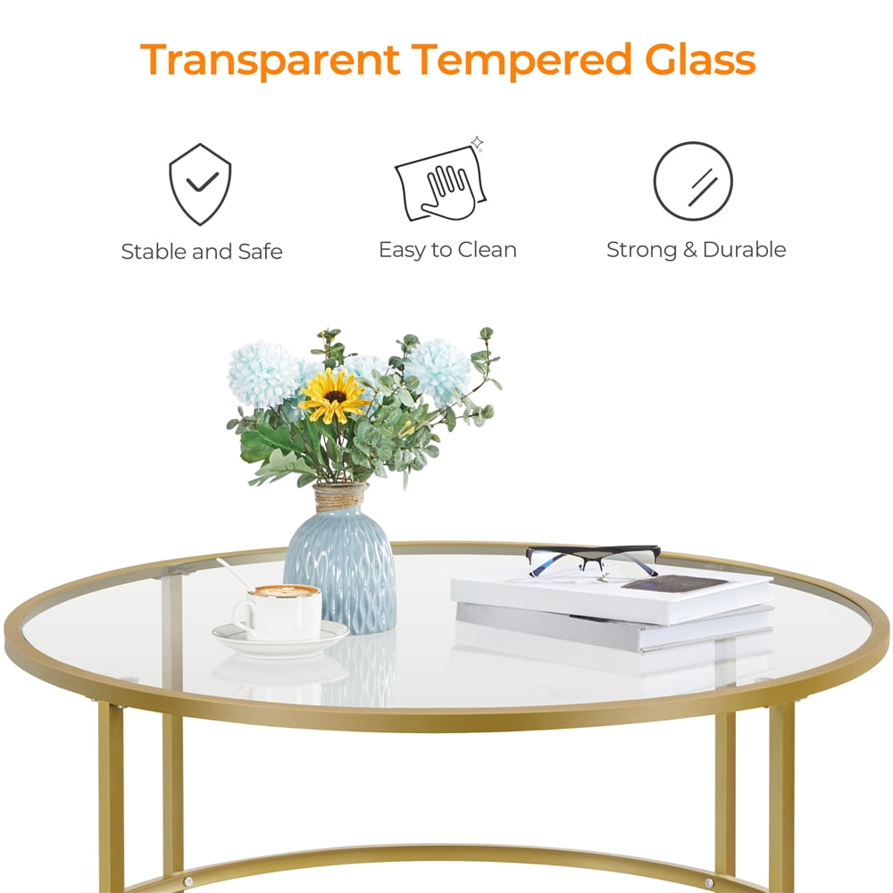 Yaheetech 36in Modern Round Glass-Top Coffee Table for Living Room, Gold