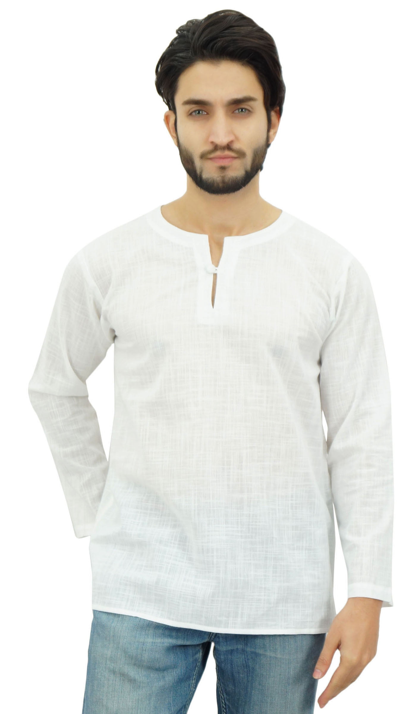 Atasi Men's Yellow Casual Short Kurta Indian Tunic V-Neck Cotton Shirt 