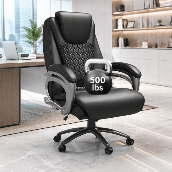 Big and Tall Office Chair 500lbs, Heavy Duty Executive Office Chair, Adjustable Height High Back Ergonomic PU Leather Desk Chair, 360° Swivel Rolling Wheels for Home Office (Black)
