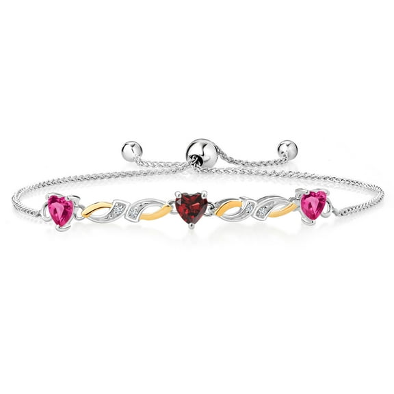 Gem Stone King 1.83 Ct Heart Shape Pink Created Sapphire Red Garnet 925 Silver and 10K Yellow Gold Lab Grown Diamond Bracelet for Women