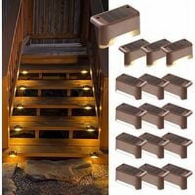 Paquete de 16 luces solares para escaleras, iluminación LED impermeable para exteriores, escaleras, escalones, vallas, patios, canalones, caminos, decoración, blanco cálido