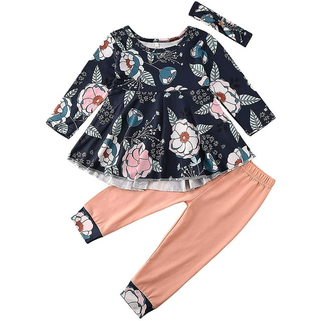 Newborn Baby Girl Clothes Ruffle Sleeve Romper Tops Floral Pants Headband Bodysuit Outfit Set