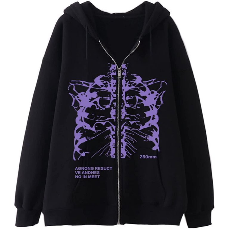 CoCopeaunt Women Men Y2K Skeleton Zip Up Hoodie Print Alt Street