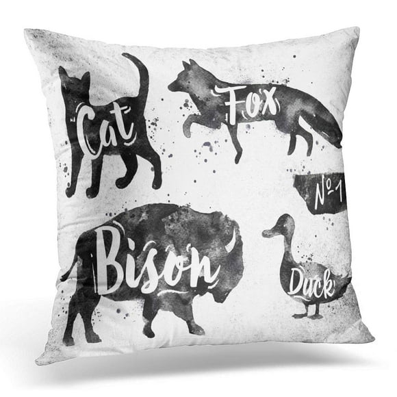 BOSDECO White Watercolor Silhouettes of Cat Fox Bison Duck Drawing Black Paint on Dirty Colorful Drawn Pillowcase Pillow Cover Cushion Case 16x16 inch