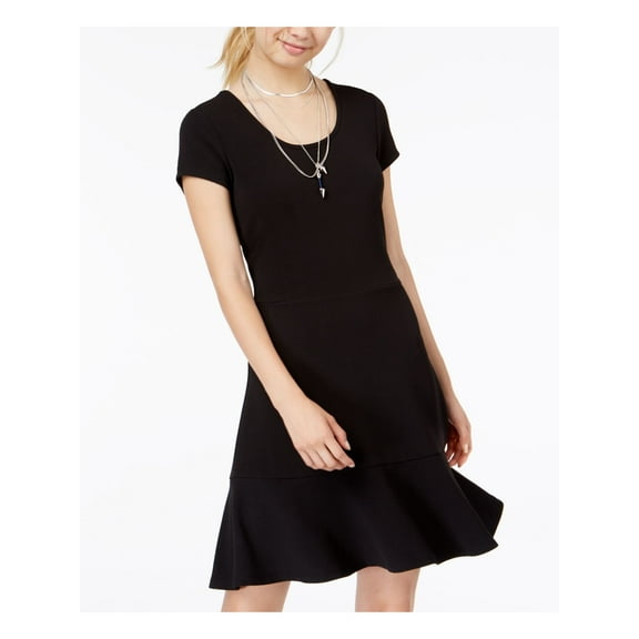 PLANET GOLD Womens Black Short Sleeve Scoop Neck Above The Knee Party Fit Flare Dress Juniors M