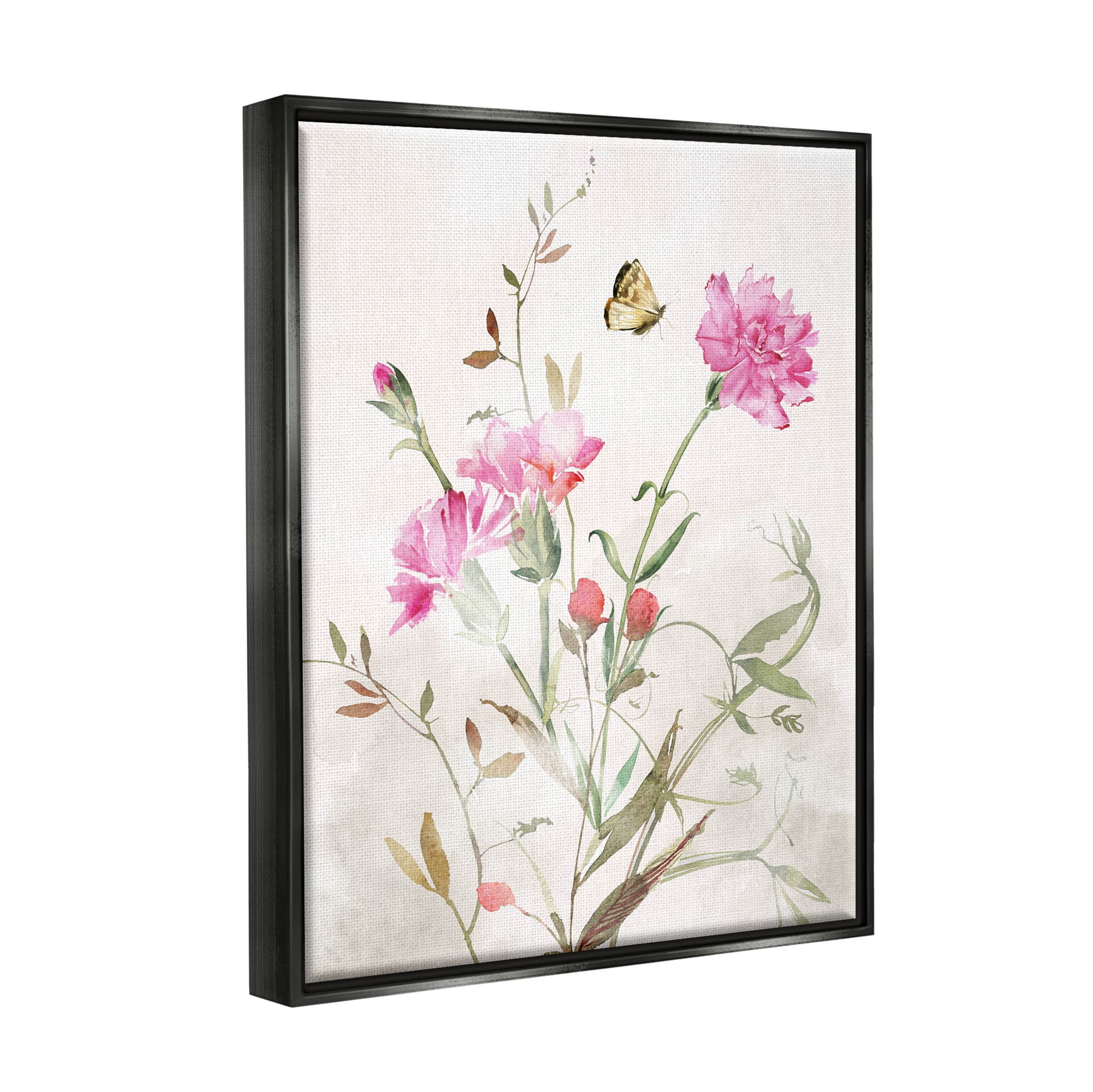 Stupell Industries Butterfly Floral Garden Carnations Graphic Art Jet Black Floating Framed Canvas Print Wall Art, Design by Nina Blue