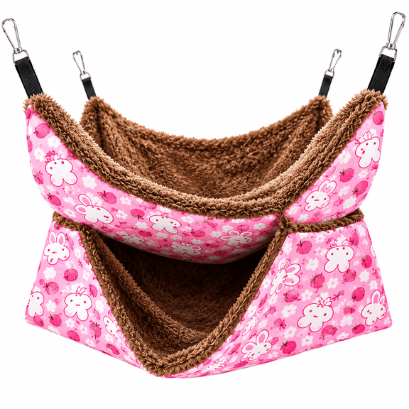 GARDVORA Rat Double Hammock,Ferret Bunkbed Warm Fleece Hanging Bed Pet Cage Accessories for Sugar Glider Degu Guinea Pig Gerbil Chinchilla Squirrel Hamster Mouse Mice,Pink & Coffee 13.7x13.7in