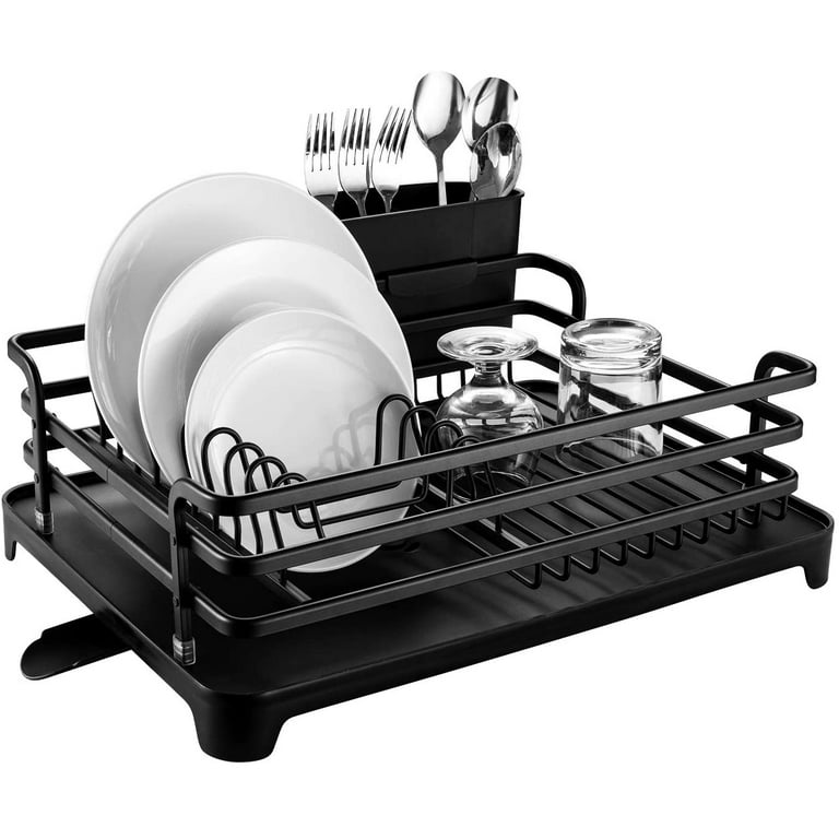 HBlife Aluminum Dish Drying Rack, Never Rust Sink Dish Drying Rack with  Utensil Holder, Removable Plastic Drainer Tray with Adjustable Swivel Spout