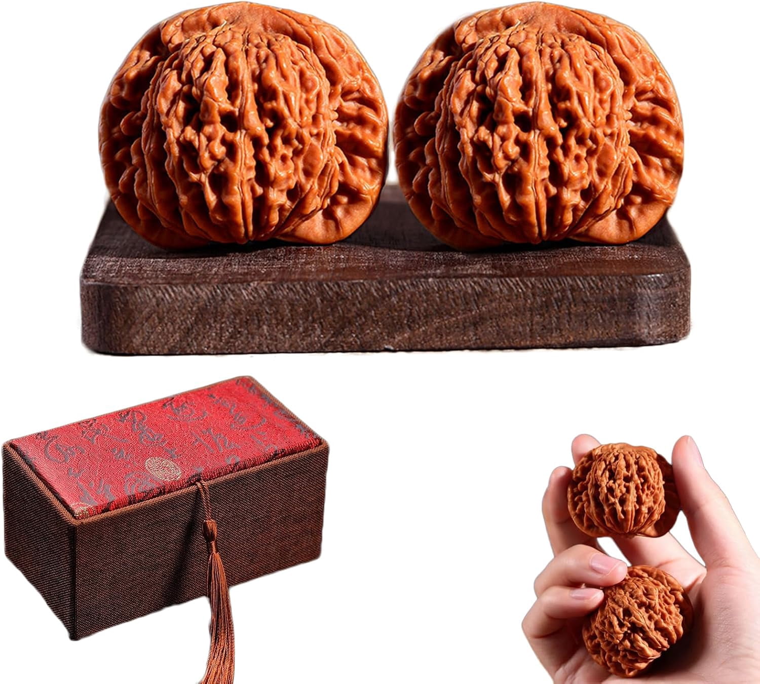Chinese Walnuts Fidget – 2Pcs Chinese Exercise Walnuts with Gift Box & Brush, Traditional Stress Relief Hand Fidget for Relaxation & Focus,Valentine's Day Gifts (Pointed hat B, 35-36mm)