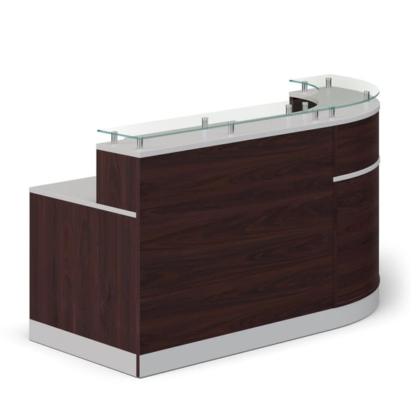 Esquire Glass Top Reception Desk 79"W x 63"D Mahogany Laminate/Silver Laminate Desktop Kickplate and Accents/Glass Top