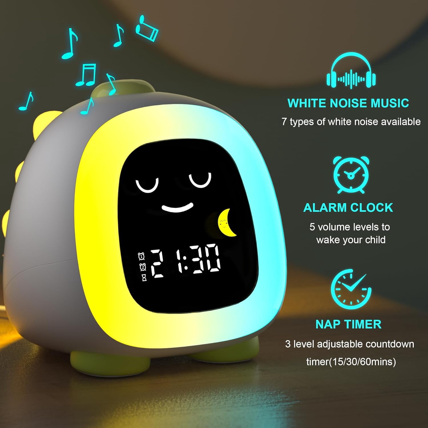 Kids Alarm Clock with OK to Wake Light, Sleep Training Clock with Cute Dinosaur Night Light for Bedroom, Toddler Stay-in-Bed Clock, Birthday Gift for Boys and Girls