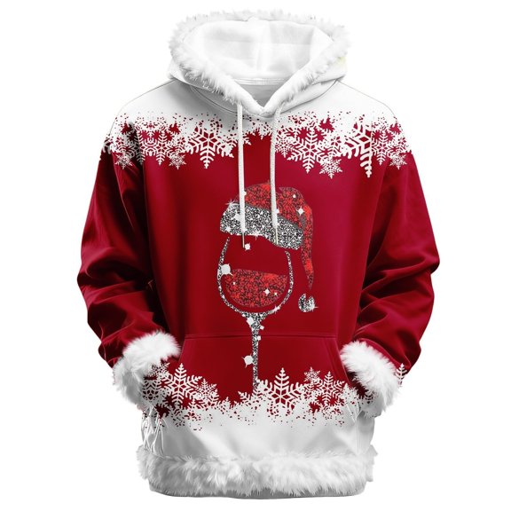 Arlun Christmas Hoodies for Men Women White Fuzzy Trim Shining Elk Bow Graphic Xmas Sweatshirts Unisex Oversized Long Sleeve Holiday Pullover Tops with Pockets 4-Red XS