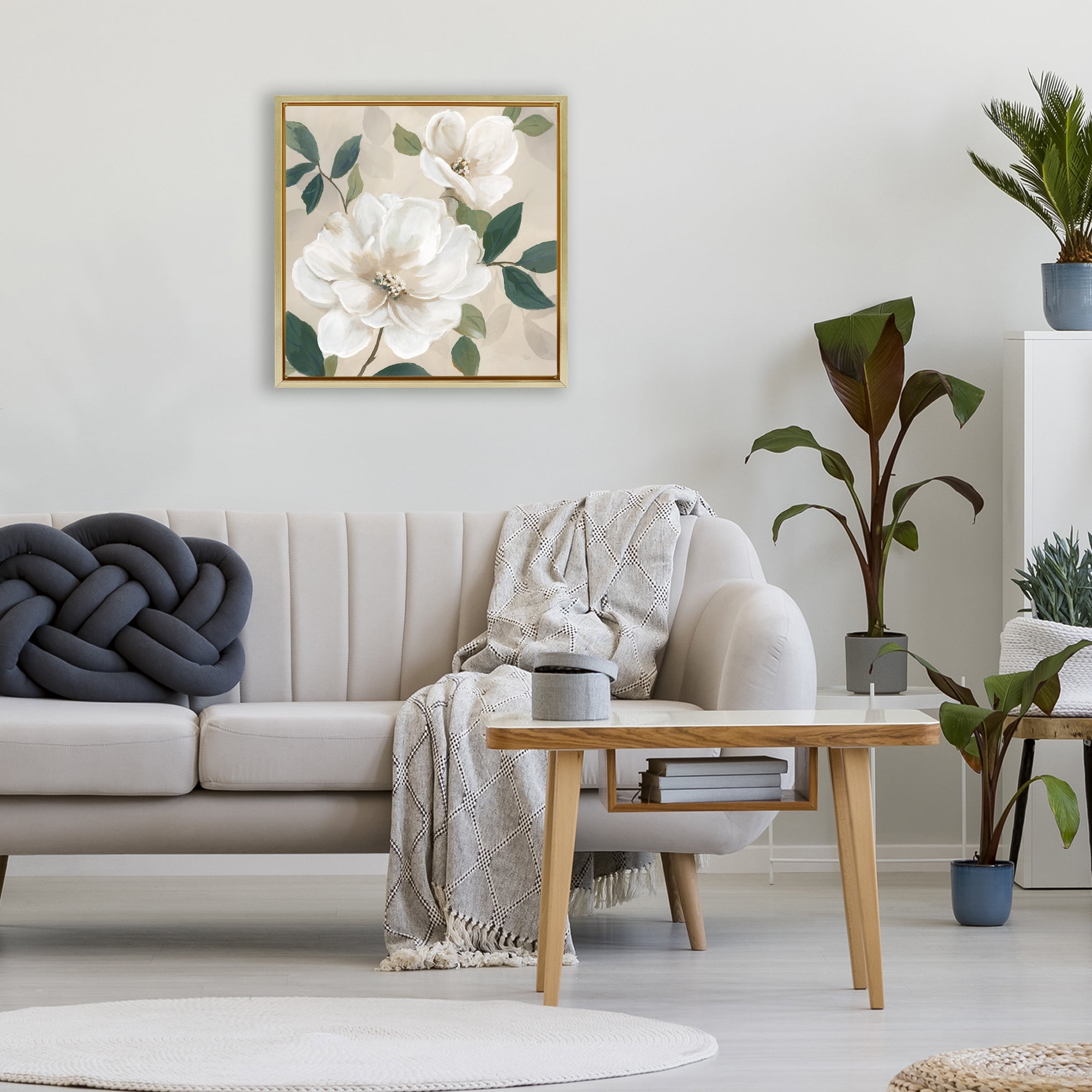 Stupell Industries Serene White Magnolia Study Gold Framed Floater Canvas Wall Art, design by Nan