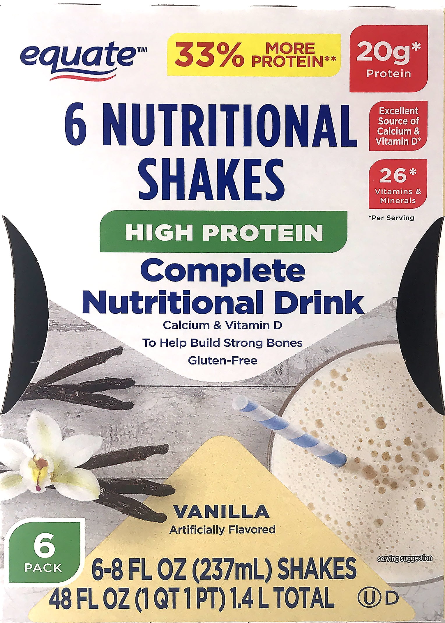 Equate High Protein Nutritional Drink, 20g Protein, Vanilla, 6 Count