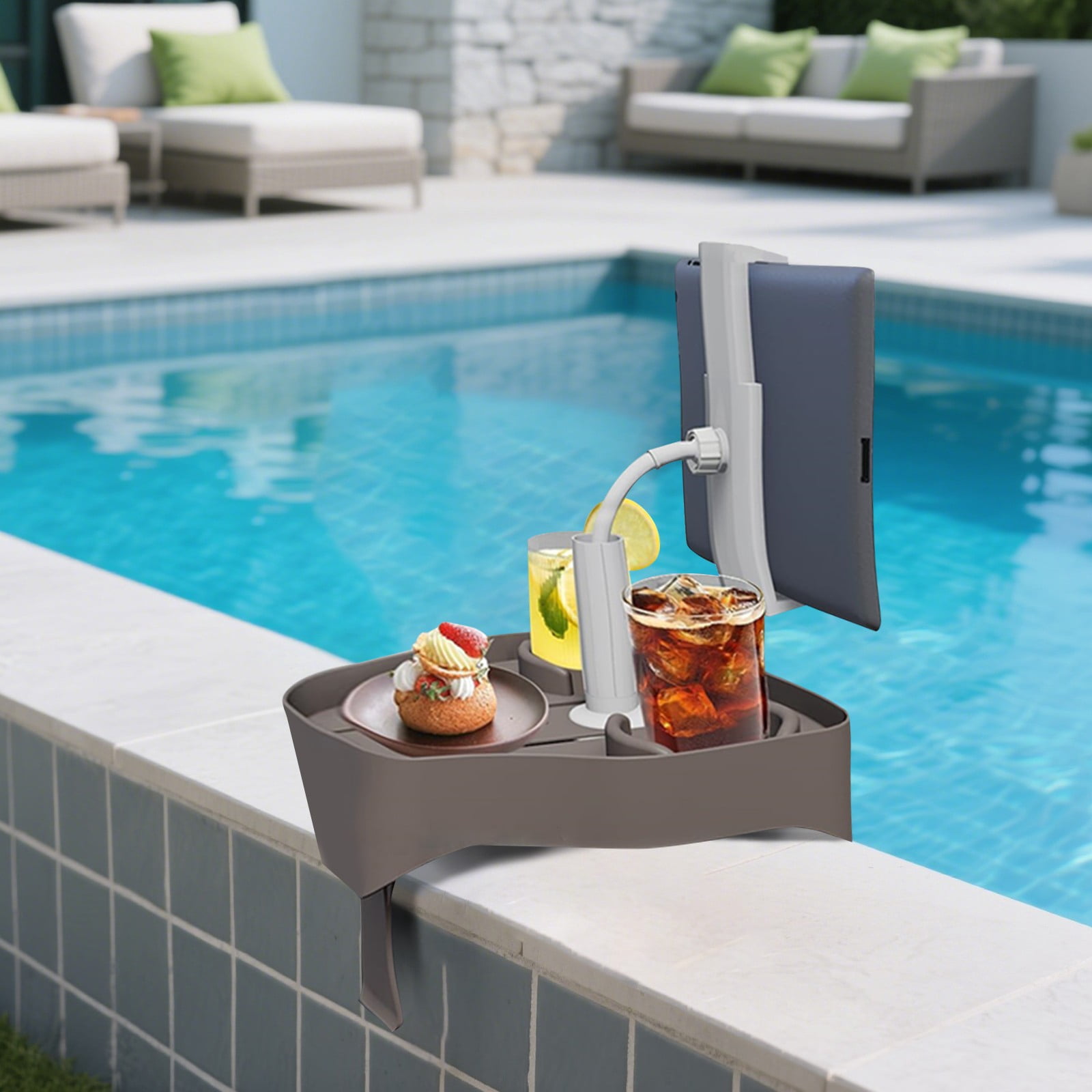 Multifunctional Above Ground Pool Cup Holder with Snack Tray, Adjustable Phone Holder Drink Holder, No Spill Pool Accessories for Most Framed Outdoor Swimming Pools