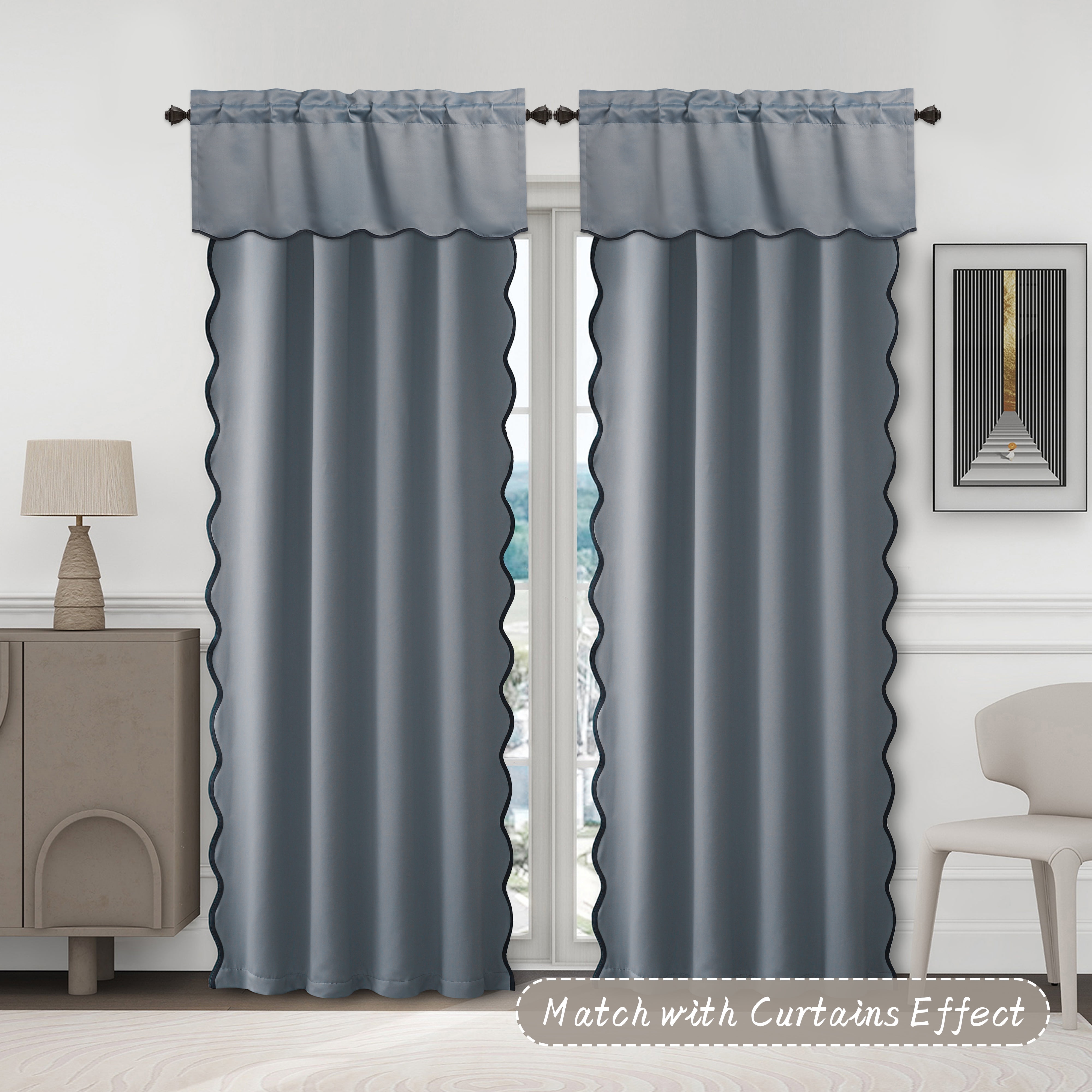 HIG 2 Panels Blackout Window Treatment Valances, 52"W x 18"L Color-Block Scalloped Valances, Decorative Rod Pocket Short Curtain Panel for Kitchen, Window, Bathroom, Blue