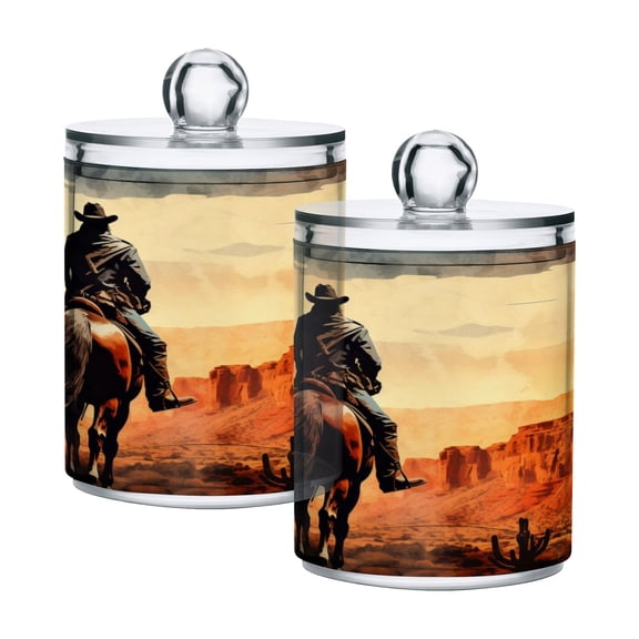 2 Pack Qtip Holder Dispenser Cowboy Riding Horse Clear Plastic Storage Apothecary Jars for Cotton Swabs Balls Pads Floss