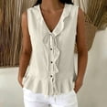 thumbnail image 2 of Linen Cotton Blouses For Women Summer V Neck Sleeveless Button Detail Drawstring Ruffle Trim Trendy Casual Office Weekend Errands Travel Outfit Layering, 2 of 7