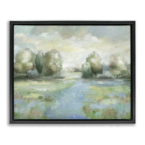Stupell Industries Abstract Rural Meadow Stream Landscape & Nature Painting Black Floater Framed Canvas Art Print Wall Art, 21 x 17