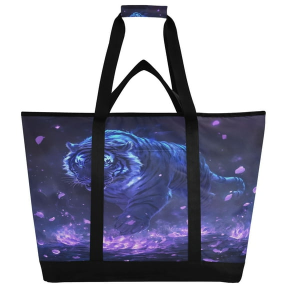 WOBOGO Giant Tiger Purple Pattern Tote Cooler Bag Fold Flat Insulated Shopping Bag With Zipper For Work Picnic Beach Use 18×6.7×24in