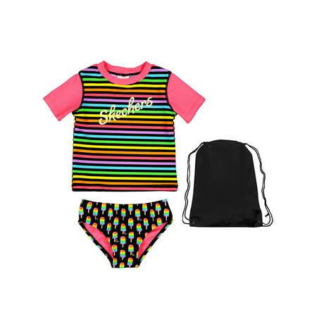 Skechers 2 Piece Girls Favorite Swimsuit Striped Short Sleeve Rash Guard Popsicle Bikini Bottoms and Bag 5 | Best Little Girls Bathing Suit |Black Pink, Red, Blue, Yellow, Orange, Green