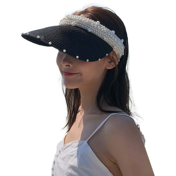 56-58cm hat circumference summer sunscreen pearl empty top hat beach face-covering straw hat sunscreen sun hat - black