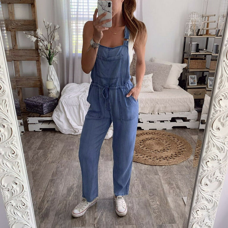 Women's Casual Stretch Adjustable Bib Overalls Drawstring Waist Loose Jeans Jumpsuits Rompers with Pockets - Walmart.com