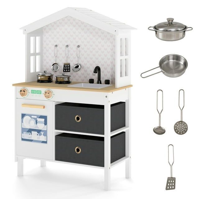 Gymax Kids Play Kitchen w/2 Stoves Rotation Knobs Faucet Sink Dishwasher Drawers