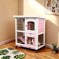 Rabbit Hutch Bunny Cage Outdoors & Indoors with Wheel, Two Layer Guinea Pig House,White with Pink