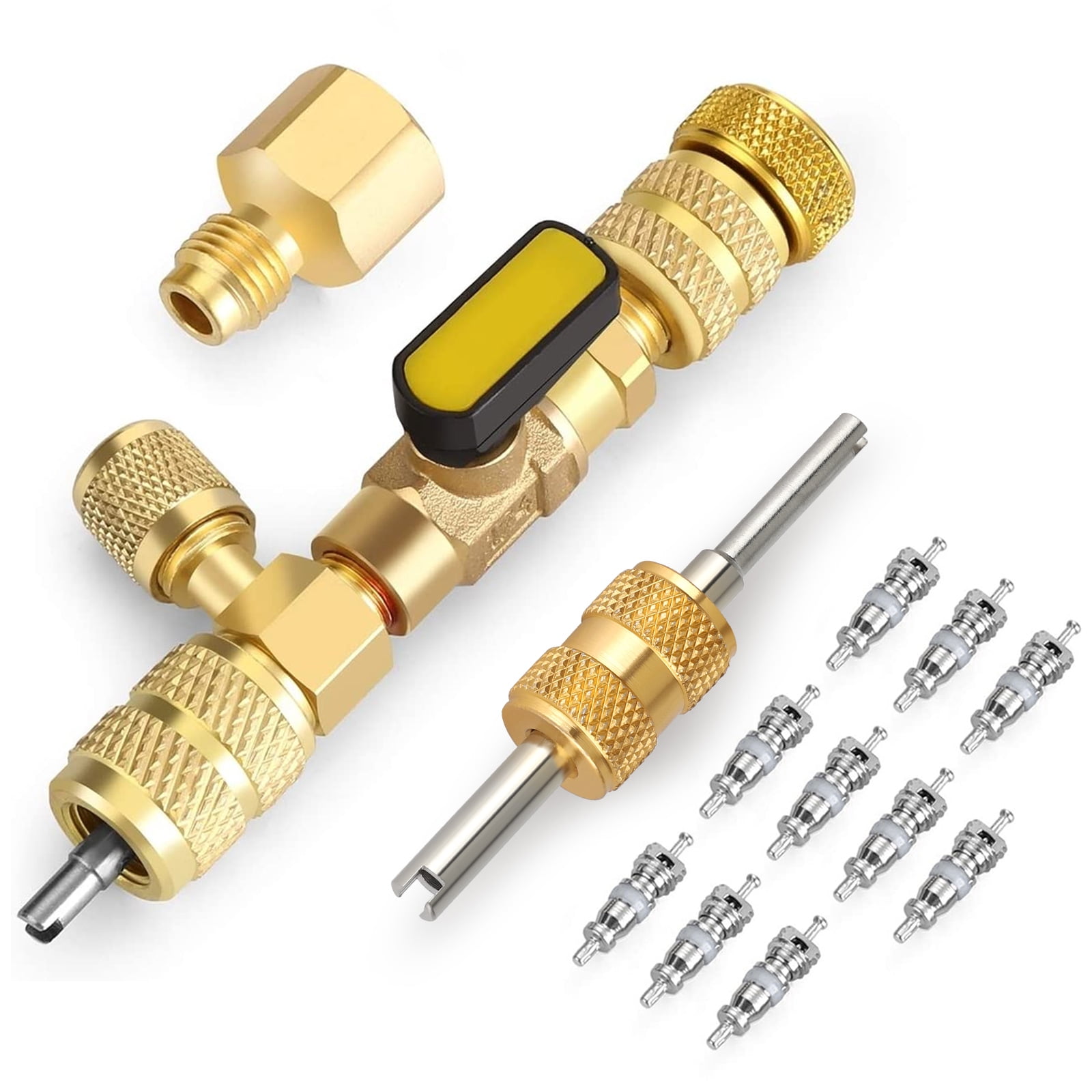 Valve Core Remover Installer Tool, EEEkit Dual Size SAE 1/4 and 5/16 Port Air Conditioning Line Repair Tools for HVAC R22 R410A, 5 Valve Cores with Teflon Seal