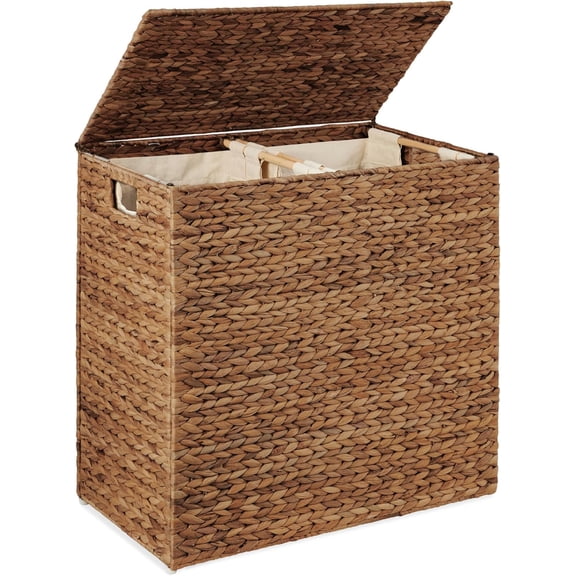 Large Double Laundry Hamper with Lid, Natural Handwoven Water Hyacinth, 2 Sections w/ 2 Machine Washable Linen Liner Bags, Portable, Handles - Chestnut