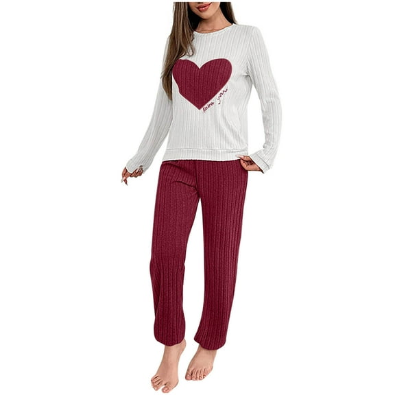 ABATAB Valentine's Day Women's 2 Piece Outfits Sweater Sets Ribbed Knit Pullover Love Heart Print Tops and Pants Casual Clothes