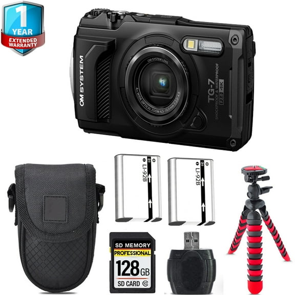 Olympus OM SYSTEM Tough TG-7 Digital Camera (Black)   Extra Battery  1 Yr Warranty   Case -128GB (International Version)