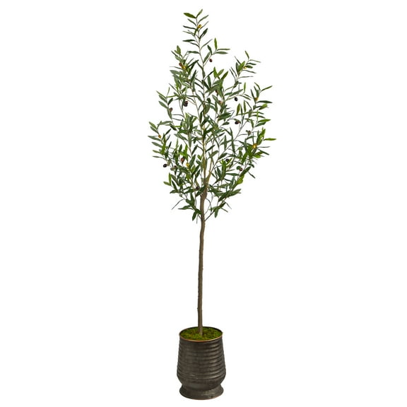 Nearly Natural 75" Olive Artificial Tree in Ribbed Metal Planter