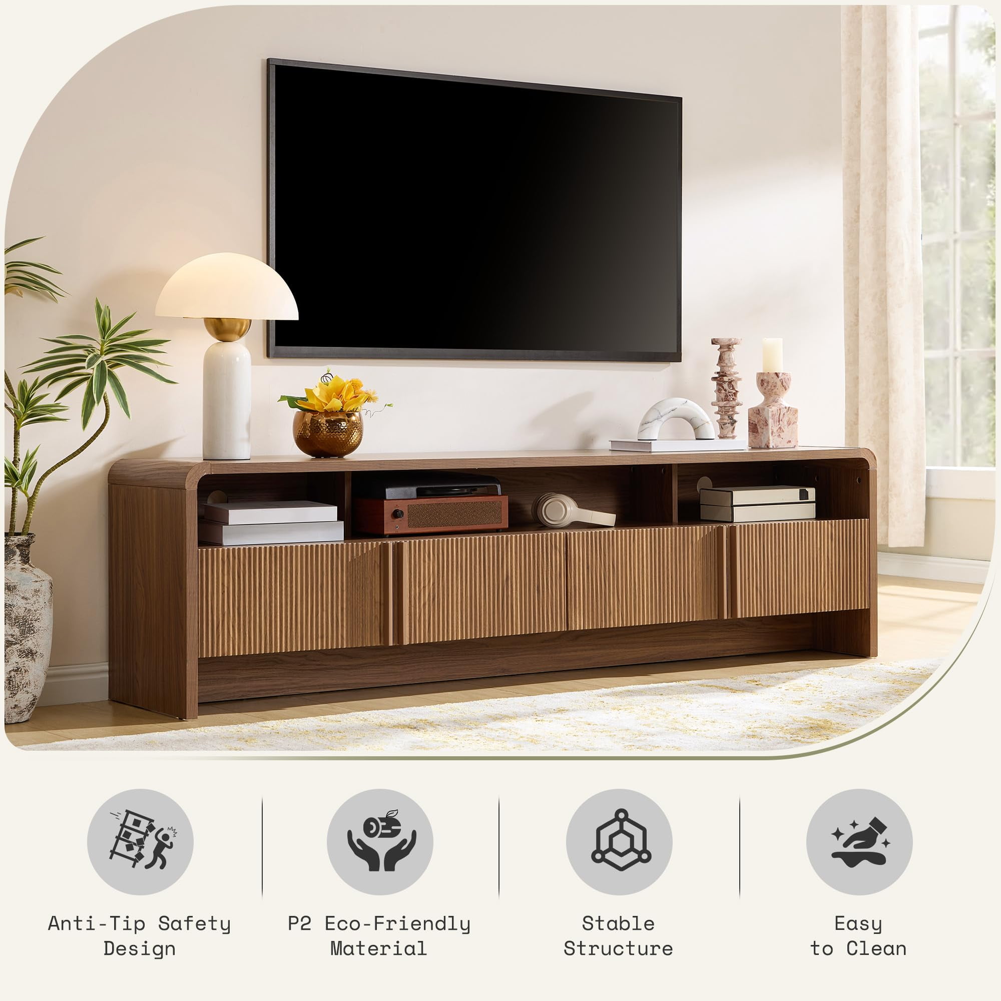 Papajet 70" Modern TV Stand for TVs up to 80", Fluted TV Console with Storage Cabinets, Wood Entertainment Center for Living Room, Brown