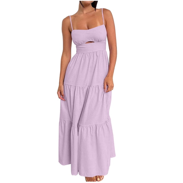 Staron Robes d'Été pour Femmes en Liquidation à Moins de 10 $ Bretelles Spaghetti Sans Manches Découpé Fluide à Étages Boho Ample Robe de Plage Vacances Taille Élastique Ligne A Dos Nu Robe Violette P