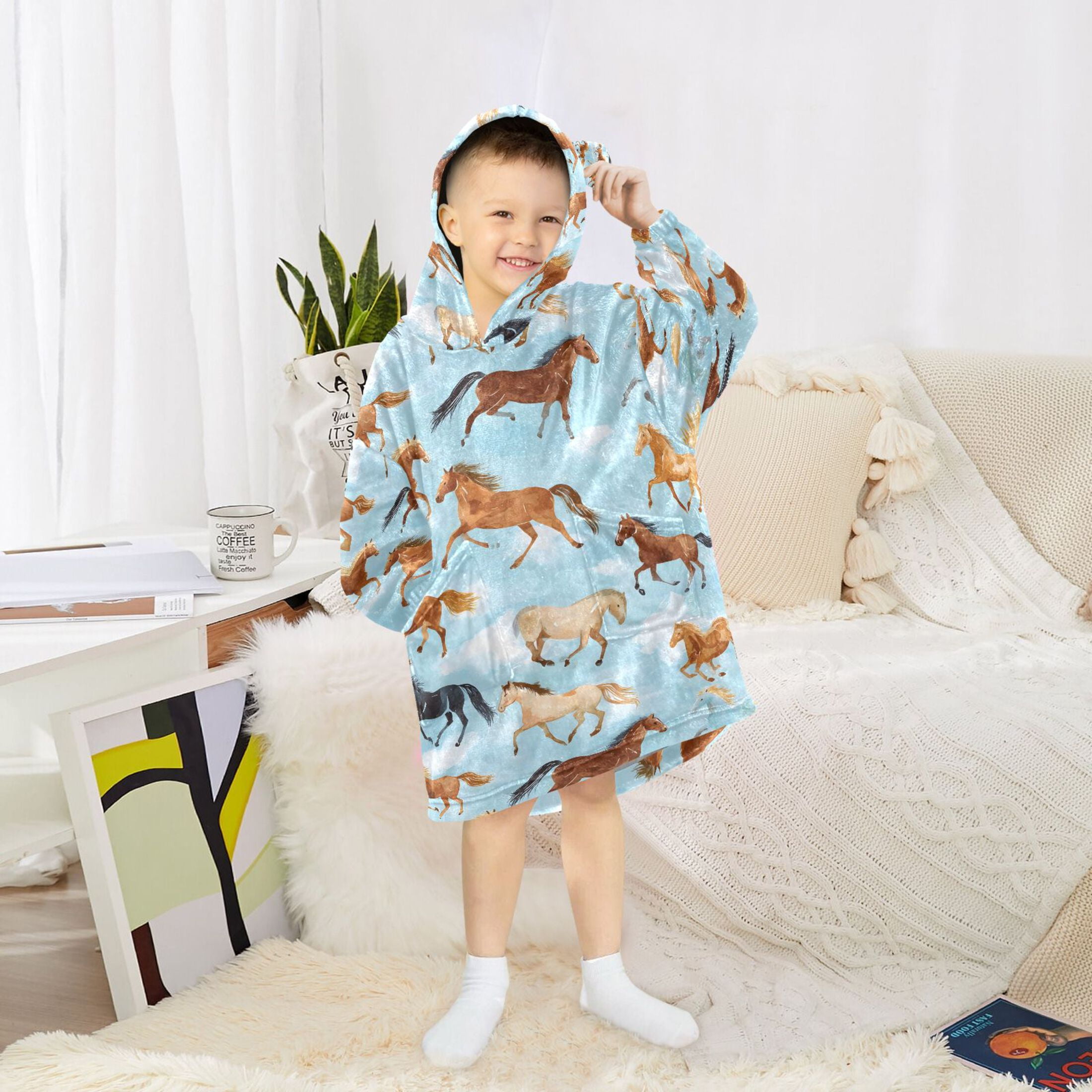 joogoo Wearable Blanket Hoodie for Running Horse Blue Flannel Sherpa Pocket 3-14 YR S